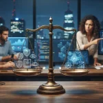 Imagem ilustrativa de uma balança simbolizando justiça e ética, sobreposta a gráficos digitais e elementos que representam in