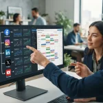 Tela de um painel do WordPress mostrando fluxo de publicação integrado com múltiplos canais sociais e dashboards de análise d