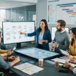 Ilustração de uma equipe de marketing colaborando em um fluxo de produção de conteúdo automatizado com elementos digitais e g