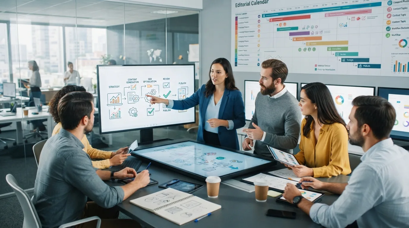 Ilustração de uma equipe de marketing colaborando em um fluxo de produção de conteúdo automatizado com elementos digitais e g