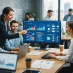 Equipe de marketing utilizando plataforma digital com gráficos de eficiência e publicação automatizada ao fundo