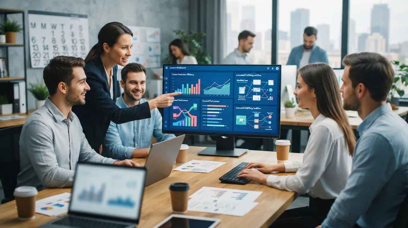 Equipe de marketing utilizando plataforma digital com gráficos de eficiência e publicação automatizada ao fundo