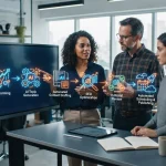 Representação gráfica de um processo automatizado de produção de conteúdo, com ícones de inteligência artificial conectados a