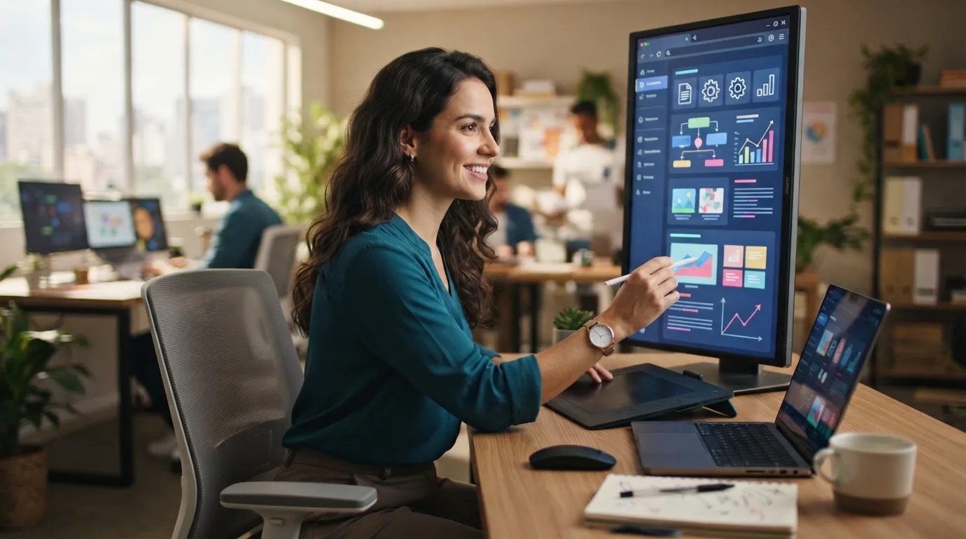 Imagem mostrando um profissional de marketing trabalhando ao lado de uma interface digital que gera automaticamente textos e