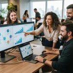 Imagem ilustrativa de uma agência de marketing utilizando plataforma de automação de conteúdo com gráficos de resultados fina