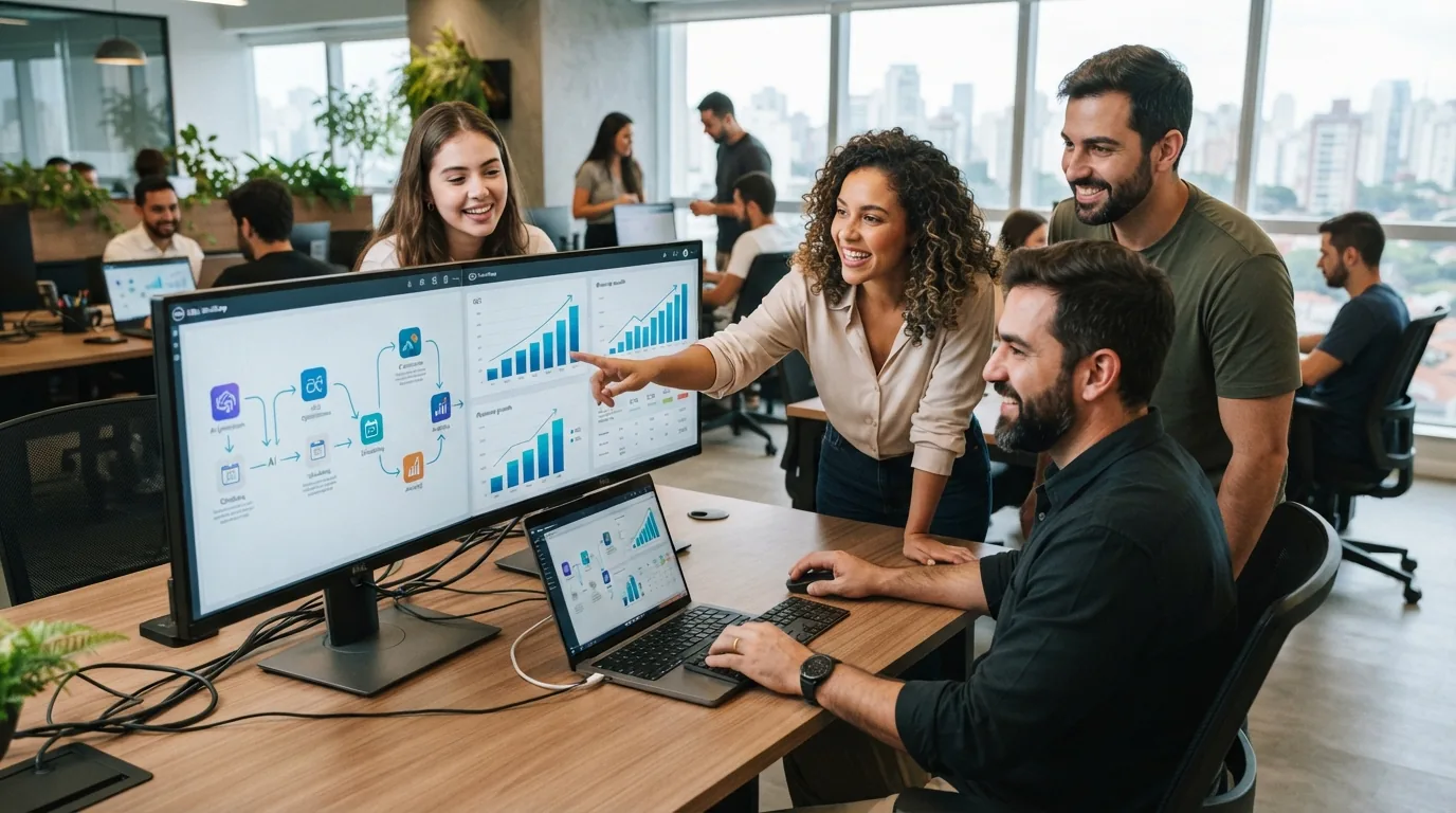 Imagem ilustrativa de uma agência de marketing utilizando plataforma de automação de conteúdo com gráficos de resultados fina