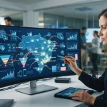 Mapa digital com pontos de localização destacados conectados a ícones de inteligência artificial e análise de dados represent