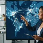 Mapa digital com pontos de localização marcados e conexões representando segmentação geográfica em marketing digital