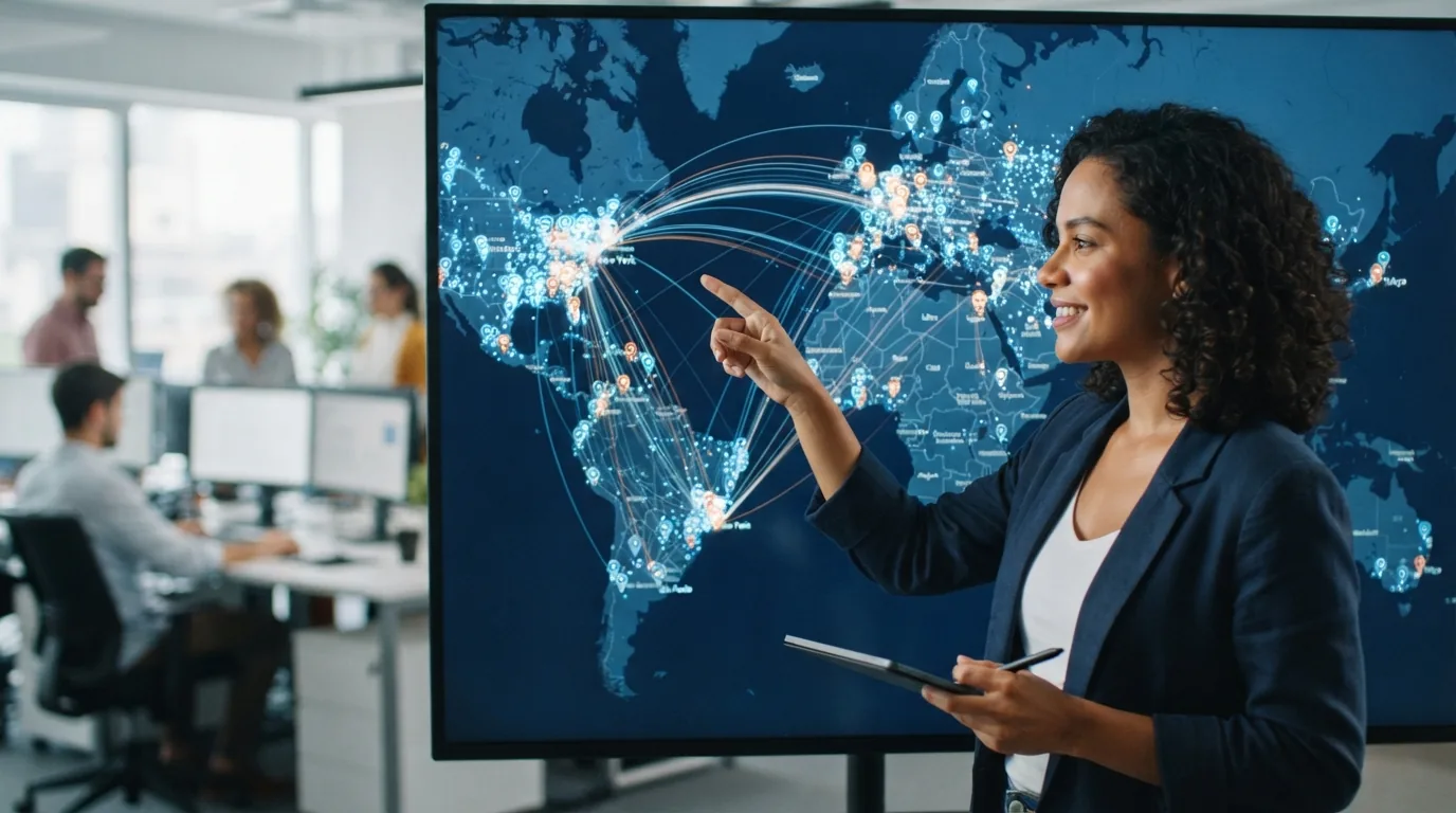 Mapa digital com pontos de localização marcados e conexões representando segmentação geográfica em marketing digital