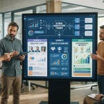 Ilustração mostrando uma interface digital de IA adaptando conteúdos para diferentes segmentos de público-alvo em uma tela di