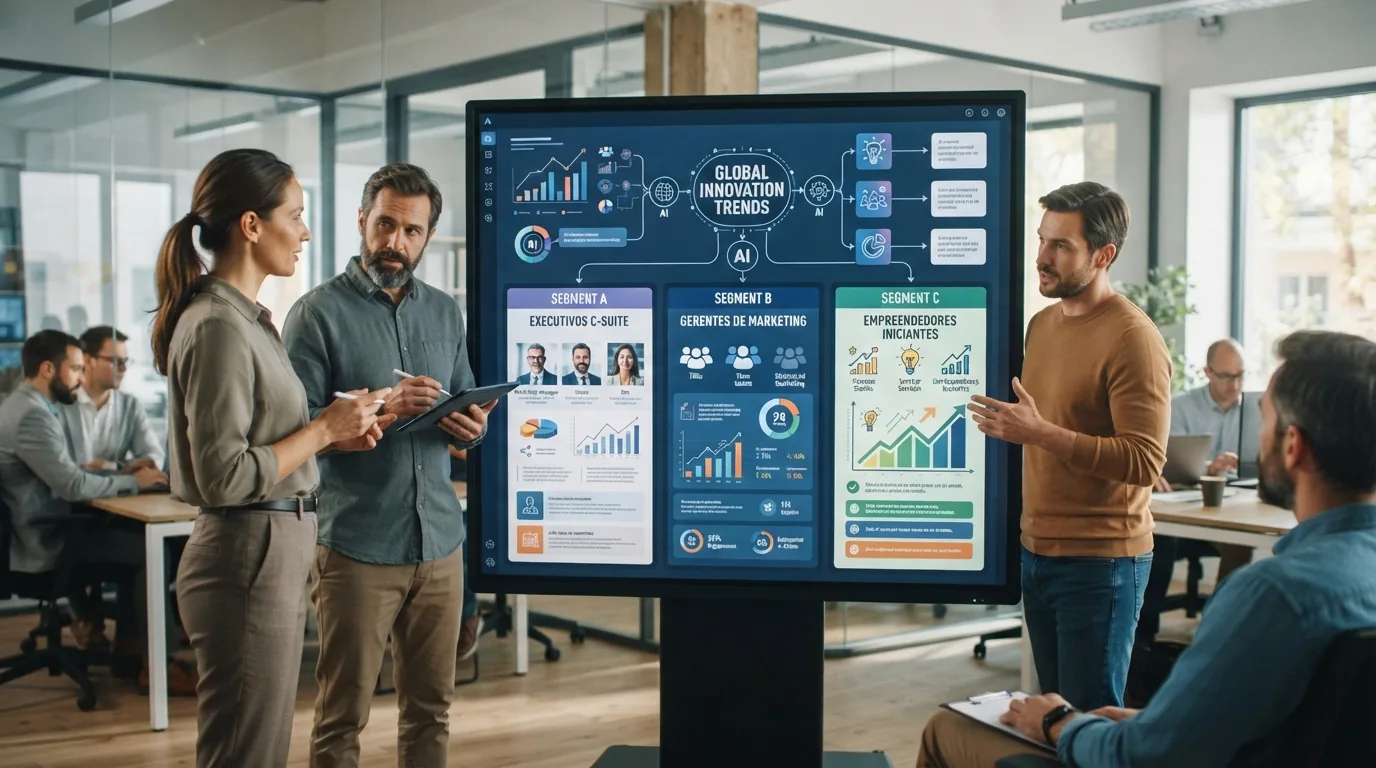 Ilustração mostrando uma interface digital de IA adaptando conteúdos para diferentes segmentos de público-alvo em uma tela di