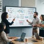 Imagem ilustrativa de uma equipe de marketing colaborando diante de telas digitais mostrando fluxos automatizados de publicaç