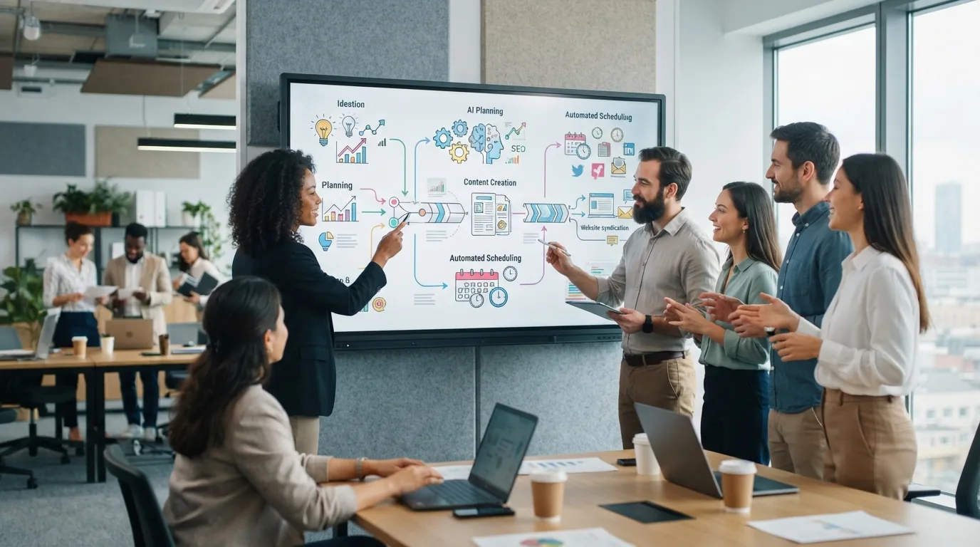 Imagem ilustrativa de uma equipe de marketing colaborando diante de telas digitais mostrando fluxos automatizados de publicaç