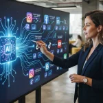 Ilustração de um painel digital mostrando múltiplas redes sociais e blogs com ícones de inteligência artificial conectando a