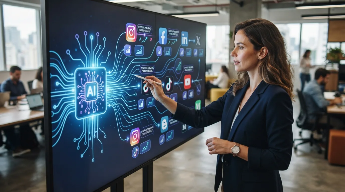 Ilustração de um painel digital mostrando múltiplas redes sociais e blogs com ícones de inteligência artificial conectando a