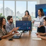 Equipe de profissionais em agência de marketing trabalhando colaborativamente com gráficos digitais e uma tela exibindo dados