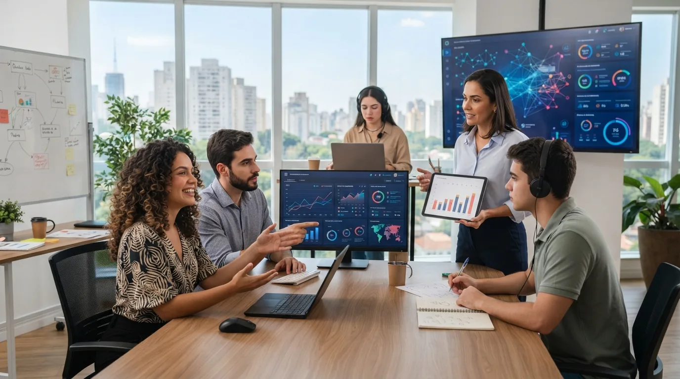 Equipe de profissionais em agência de marketing trabalhando colaborativamente com gráficos digitais e uma tela exibindo dados