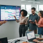 Imagem de uma equipe de marketing digital utilizando inteligência artificial em uma plataforma para planejar e automatizar a