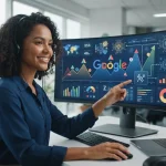 Ilustração de um computador com gráficos de SEO e ícones de inteligência artificial, representando a evolução dos algoritmos