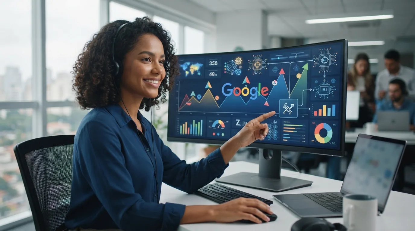 Ilustração de um computador com gráficos de SEO e ícones de inteligência artificial, representando a evolução dos algoritmos