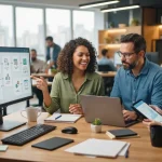 Ilustração de uma equipe de marketing trabalhando com ferramentas digitais de IA que automatizam a criação e gestão de conteú