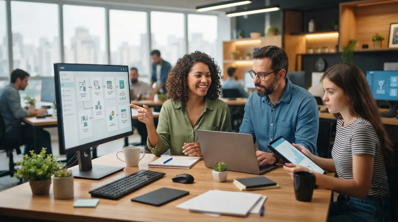 Ilustração de uma equipe de marketing trabalhando com ferramentas digitais de IA que automatizam a criação e gestão de conteú