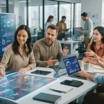 Ilustração de uma equipe de marketing utilizando tecnologia de inteligência artificial para planejar e personalizar conteúdos