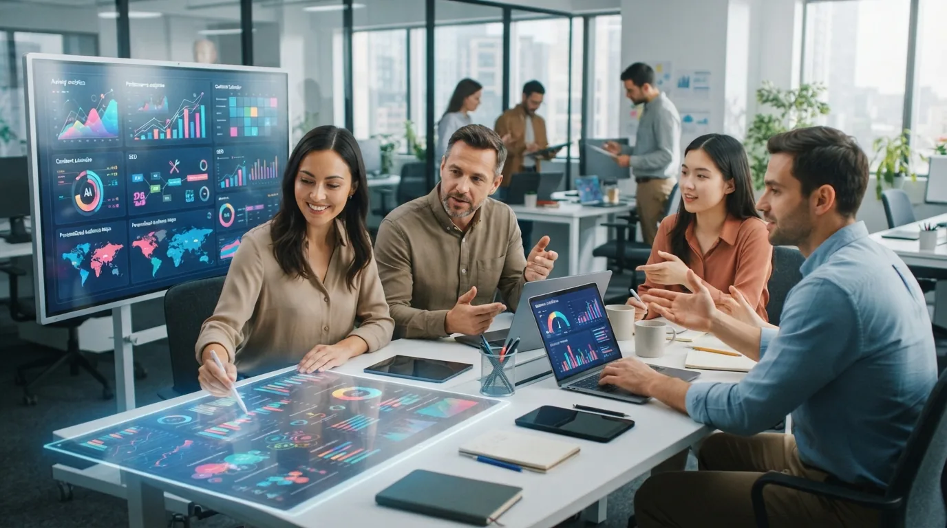 Ilustração de uma equipe de marketing utilizando tecnologia de inteligência artificial para planejar e personalizar conteúdos
