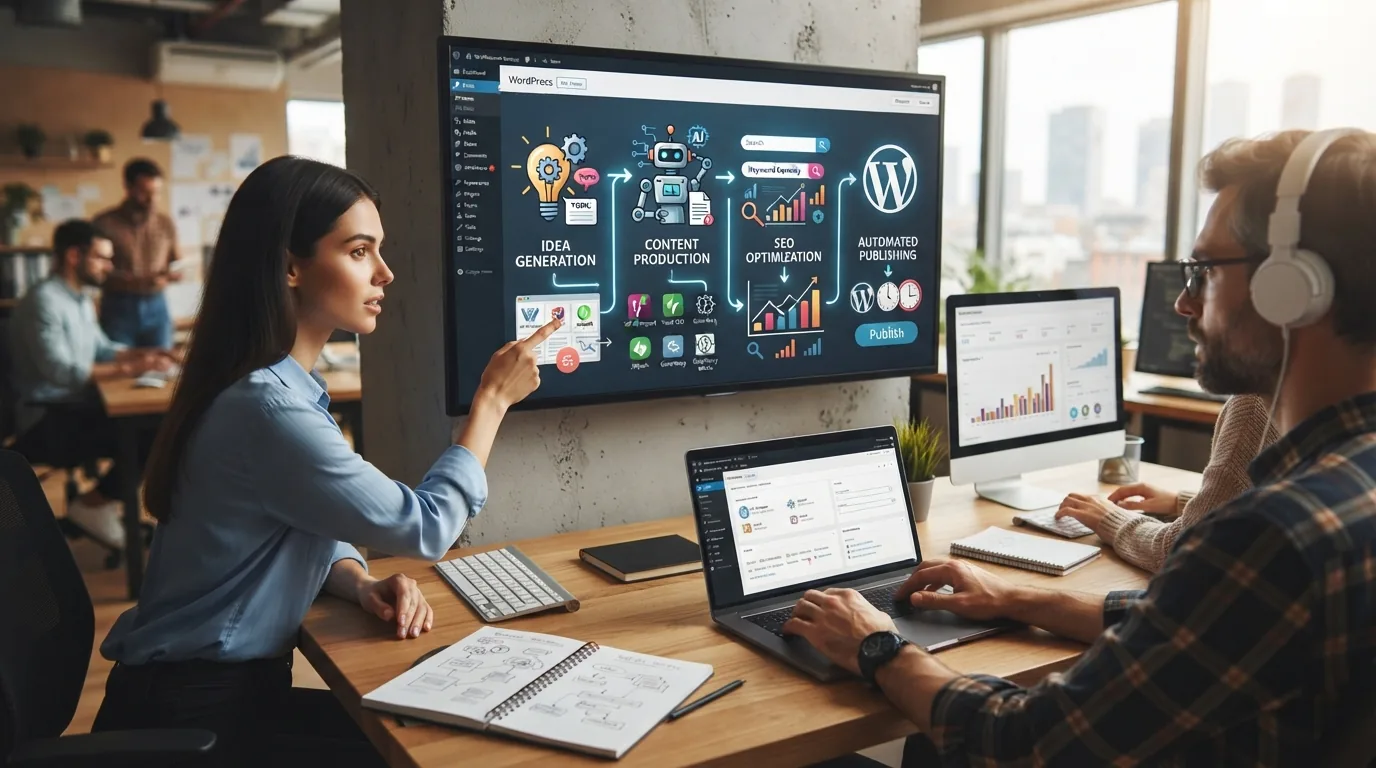 Ilustração de um fluxo de trabalho automatizado dentro do WordPress, com ícones representando geração de pauta, produção de t