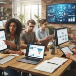 Imagem ilustrativa mostrando uma equipe de profissionais de marketing trabalhando em computadores com telas exibindo o painel