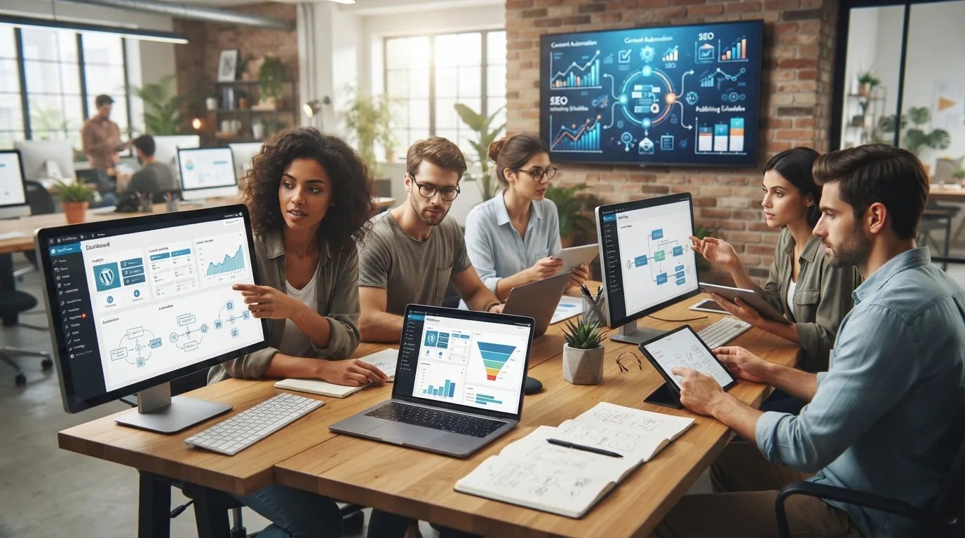 Imagem ilustrativa mostrando uma equipe de profissionais de marketing trabalhando em computadores com telas exibindo o painel