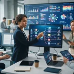 Representação visual de uma equipe de marketing utilizando tecnologia de inteligência artificial para análise de dados e cria
