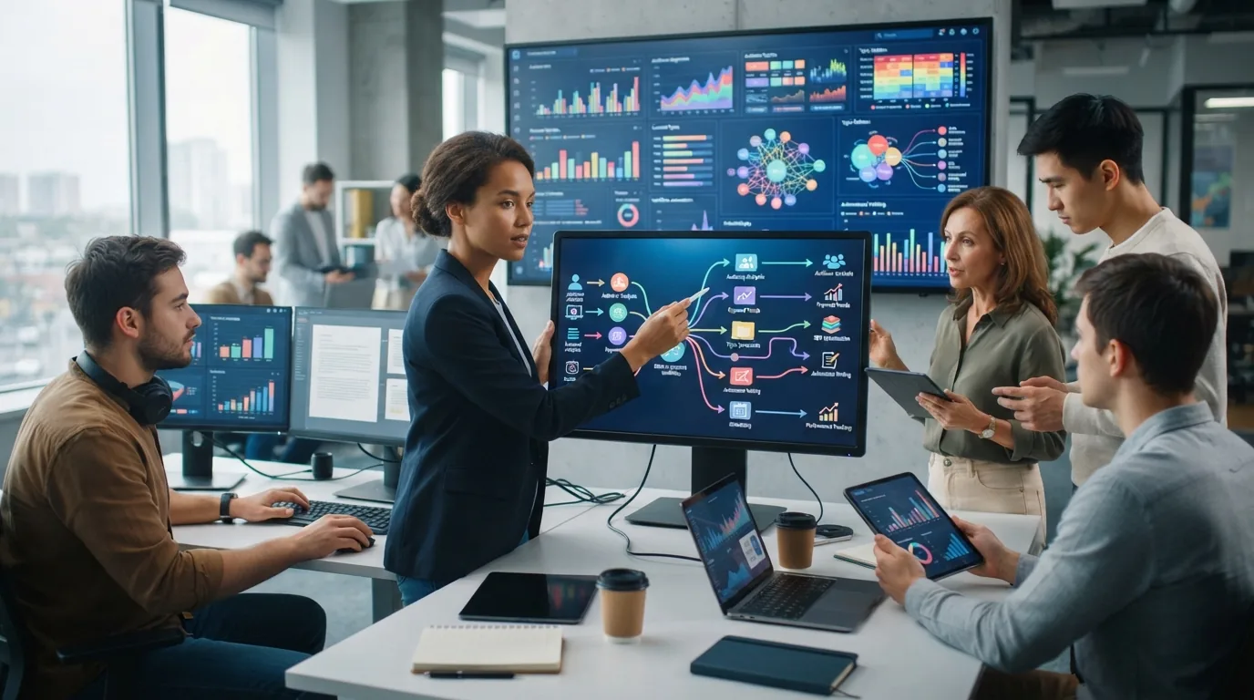 Representação visual de uma equipe de marketing utilizando tecnologia de inteligência artificial para análise de dados e cria