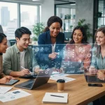 Imagem ilustrativa de uma equipe de marketing trabalhando com diversidade de ícones tecnológicos representando IA, como redes