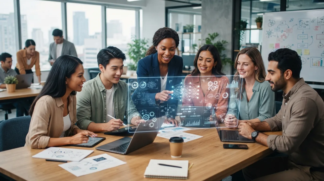 Imagem ilustrativa de uma equipe de marketing trabalhando com diversidade de ícones tecnológicos representando IA, como redes