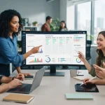 Imagem ilustrativa de uma equipe de marketing utilizando uma plataforma digital com painel de controle exibindo gráficos de S