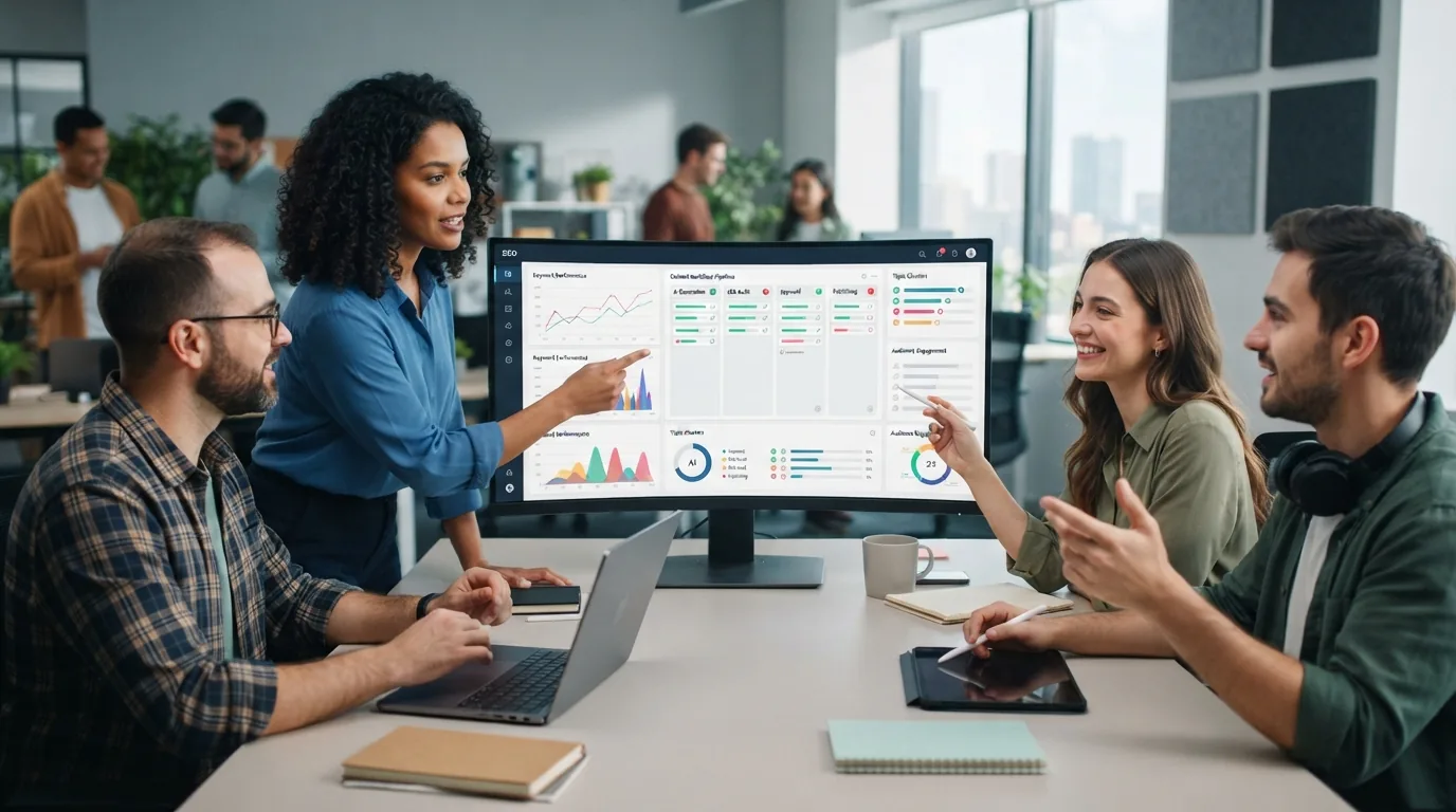 Imagem ilustrativa de uma equipe de marketing utilizando uma plataforma digital com painel de controle exibindo gráficos de S