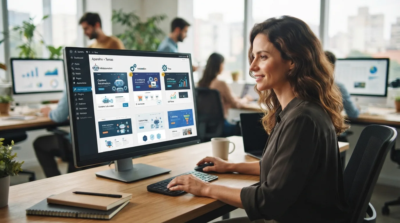 Interface de um painel WordPress exibindo a seleção de temas, destacando opções gratuitas e pagas, com ícones representando a