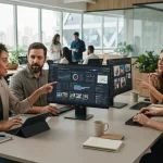 Equipe de marketing em escritório moderno utilizando plataformas digitais para integrar inteligência artificial na criação e