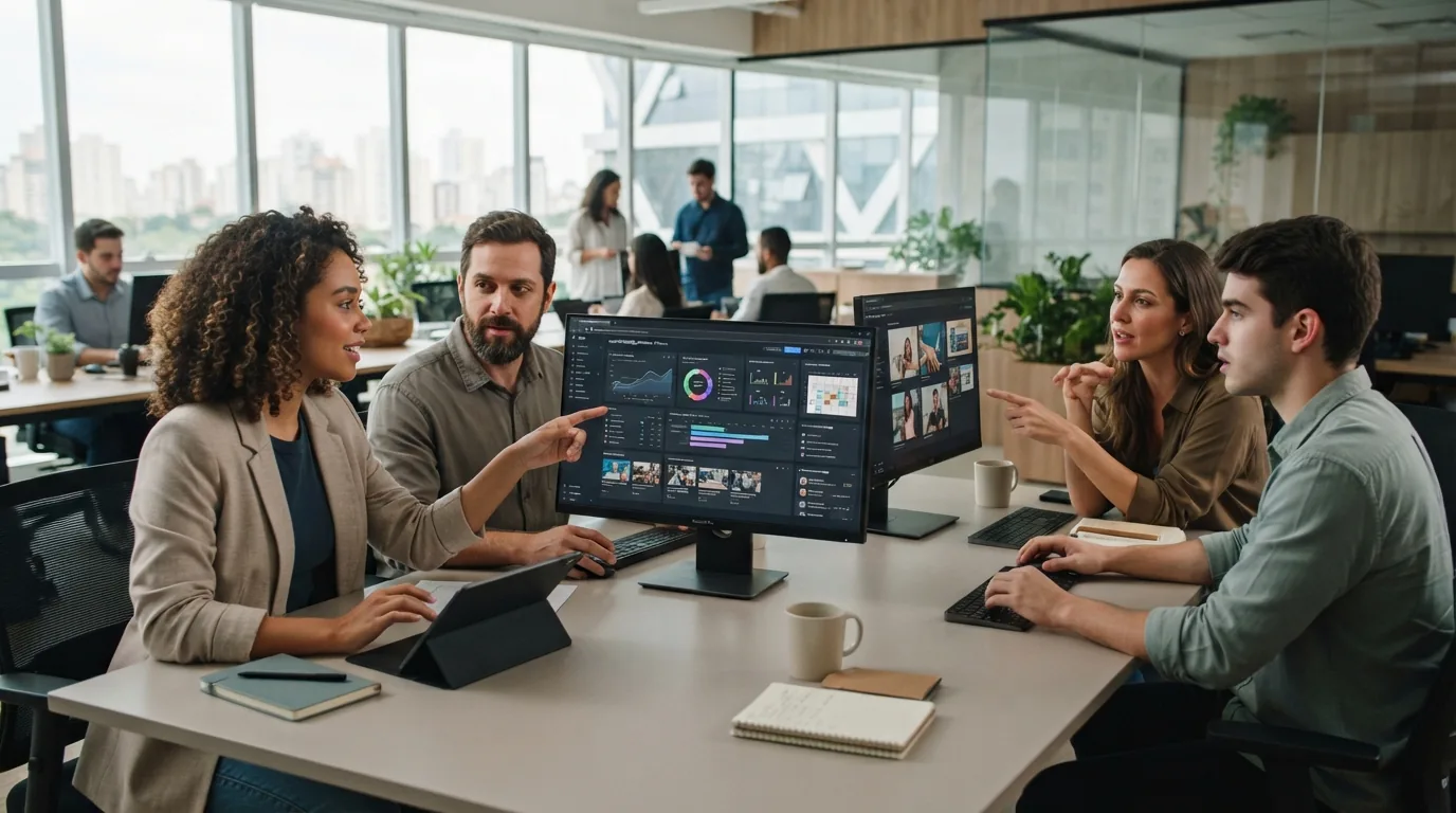 Equipe de marketing em escritório moderno utilizando plataformas digitais para integrar inteligência artificial na criação e