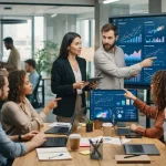 Imagem ilustrativa de uma equipe de marketing reunida diante de telas exibindo gráficos e textos gerados por inteligência art