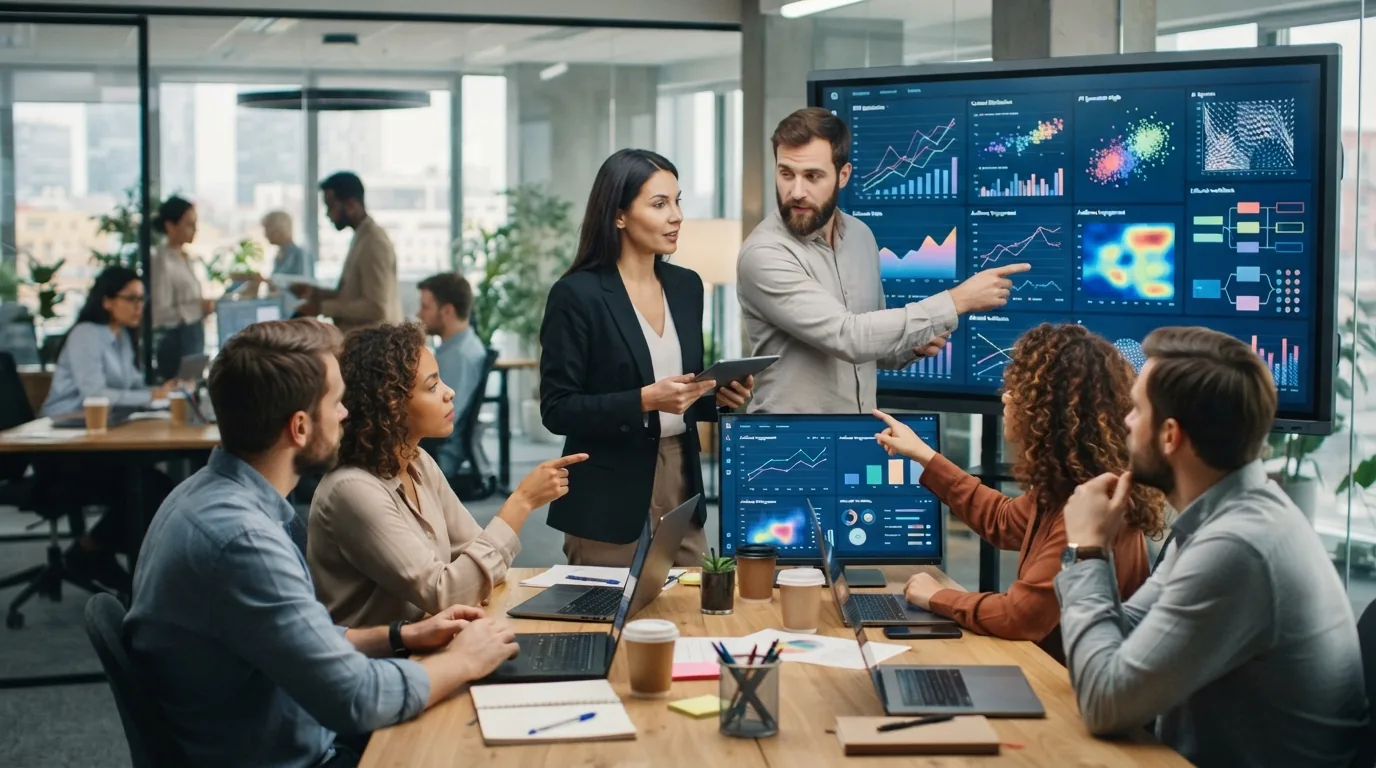 Imagem ilustrativa de uma equipe de marketing reunida diante de telas exibindo gráficos e textos gerados por inteligência art