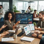Ilustração de uma equipe de marketing trabalhando com ferramentas de inteligência artificial que automatizam a criação e otim