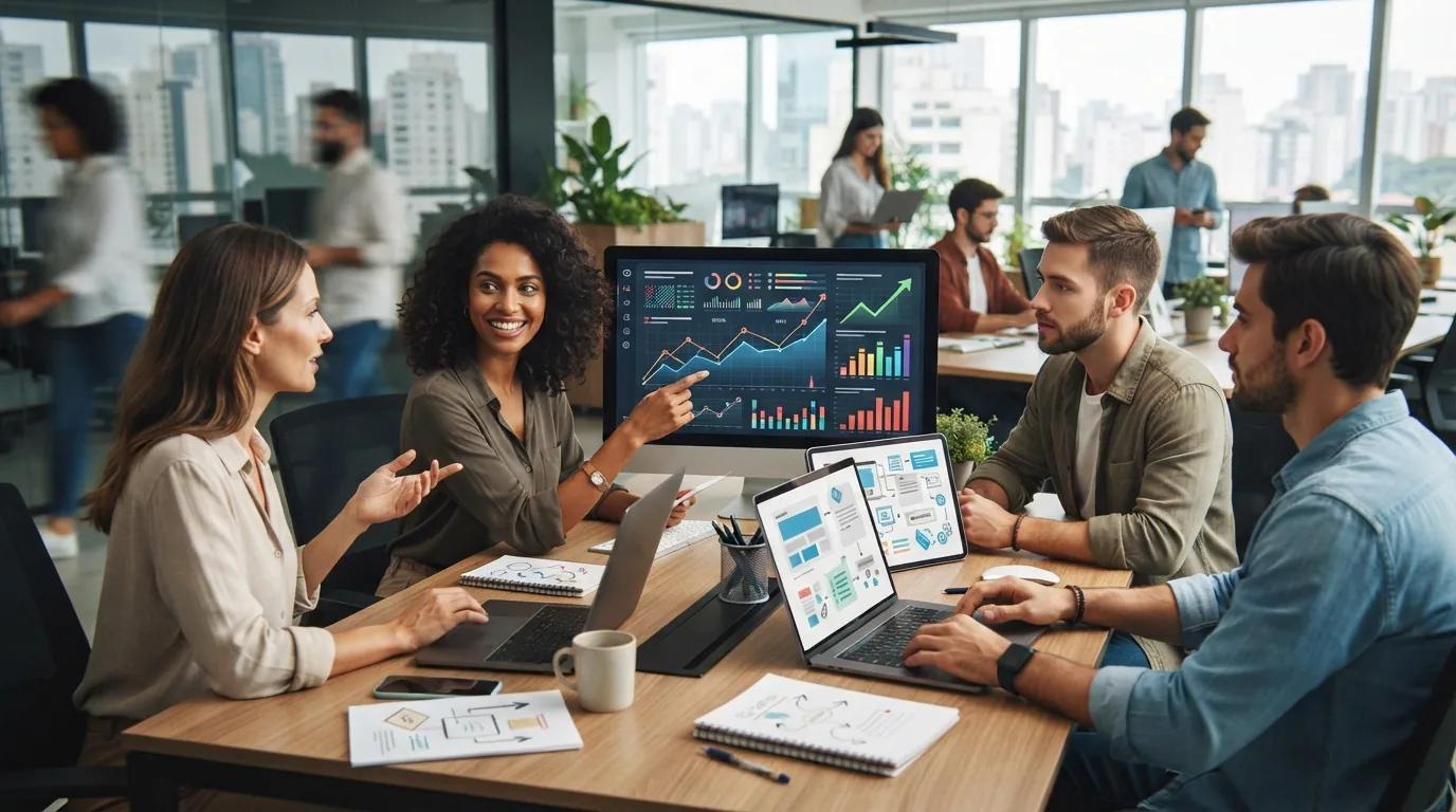 Ilustração de uma equipe de marketing trabalhando com ferramentas de inteligência artificial que automatizam a criação e otim