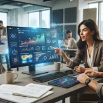 Imagem representativa da integração entre consultoria em SEO e inteligência artificial, mostrando gráficos de performance, íc