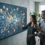 Representação gráfica de um mapa digital com ícones de localização integrados a circuitos de inteligência artificial, simboli