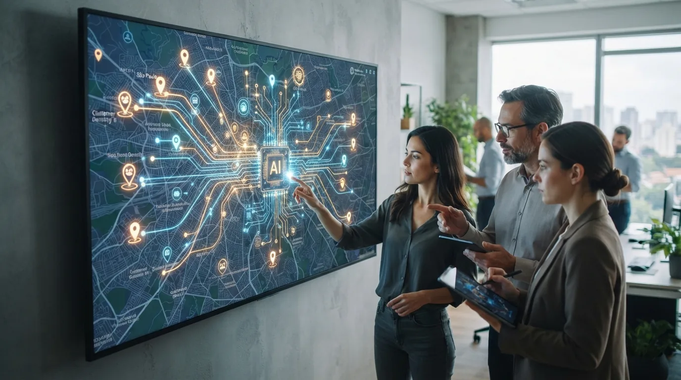 Representação gráfica de um mapa digital com ícones de localização integrados a circuitos de inteligência artificial, simboli