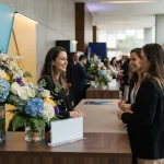 Arranjos florais corporativos harmonizados com a identidade visual da marca em ambiente de evento profissional