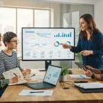 Equipe de marketing colaborando em planejamento editorial com gráficos de dados e ícones de inteligência artificial ao fundo
