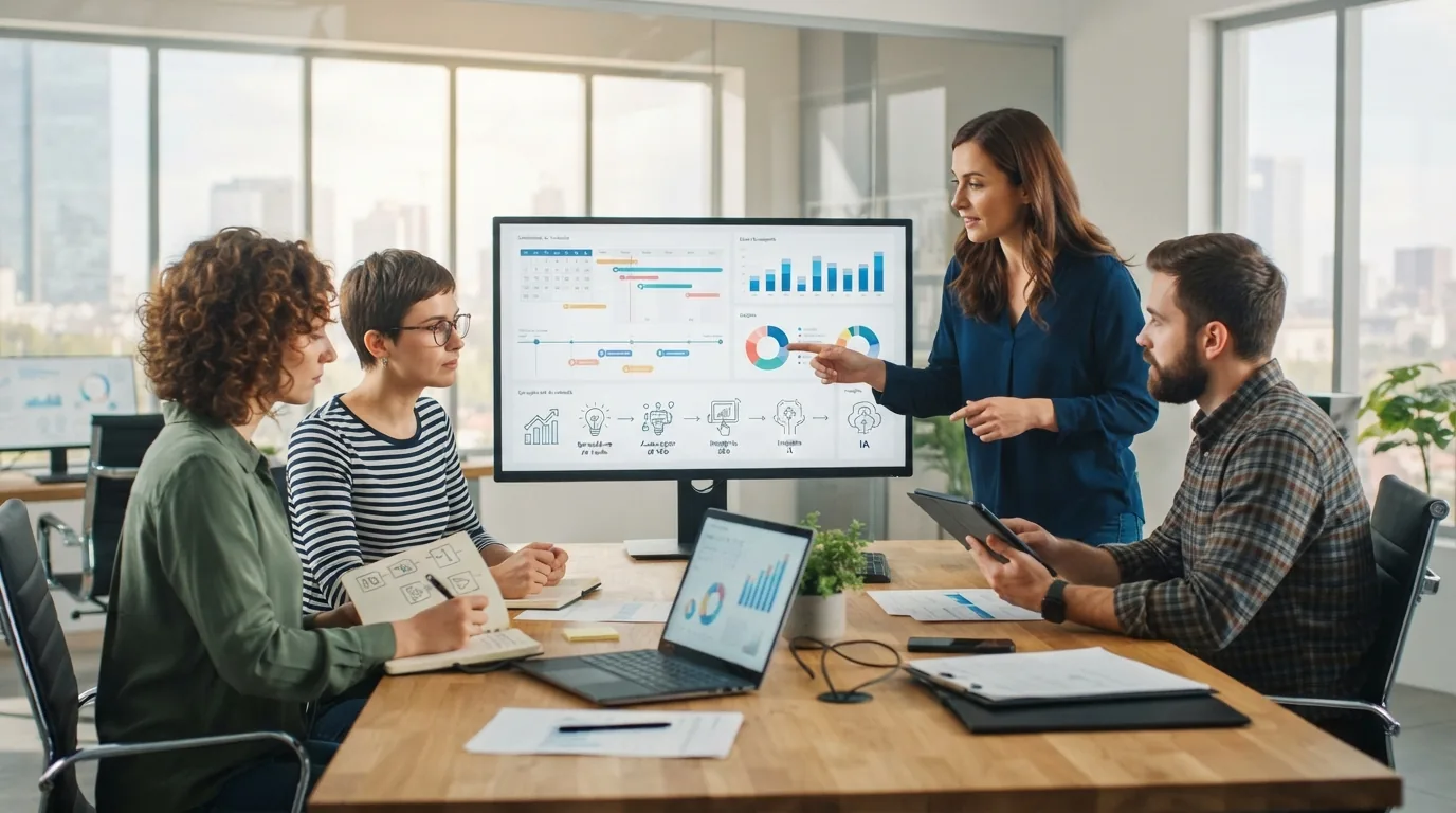 Equipe de marketing colaborando em planejamento editorial com gráficos de dados e ícones de inteligência artificial ao fundo